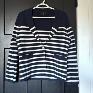 J.Crew, Navy And White Striped Cotton Wall Blend Knitted Blazer